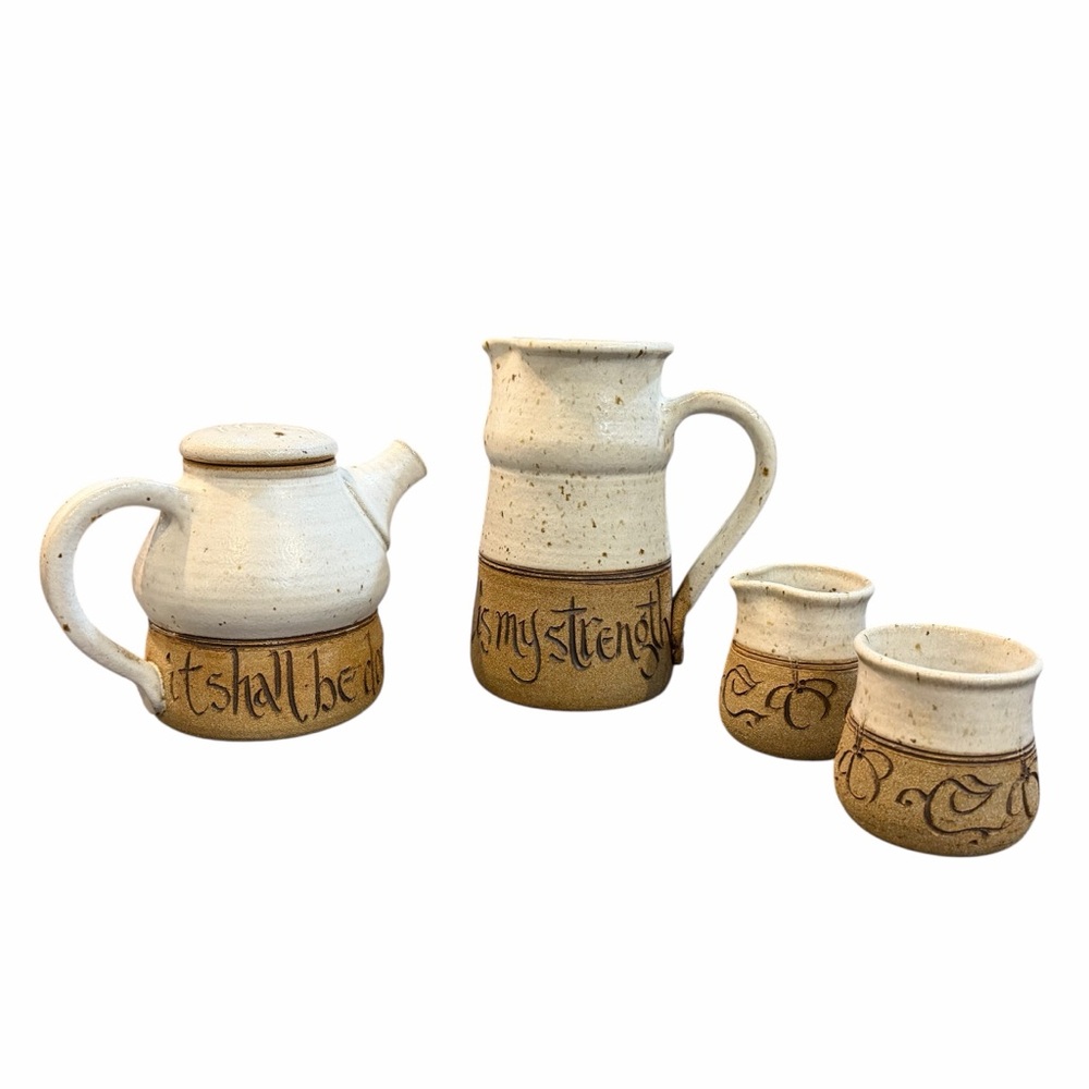 Vintage Mottoware Stoneware Tea Set – 5 Pieces